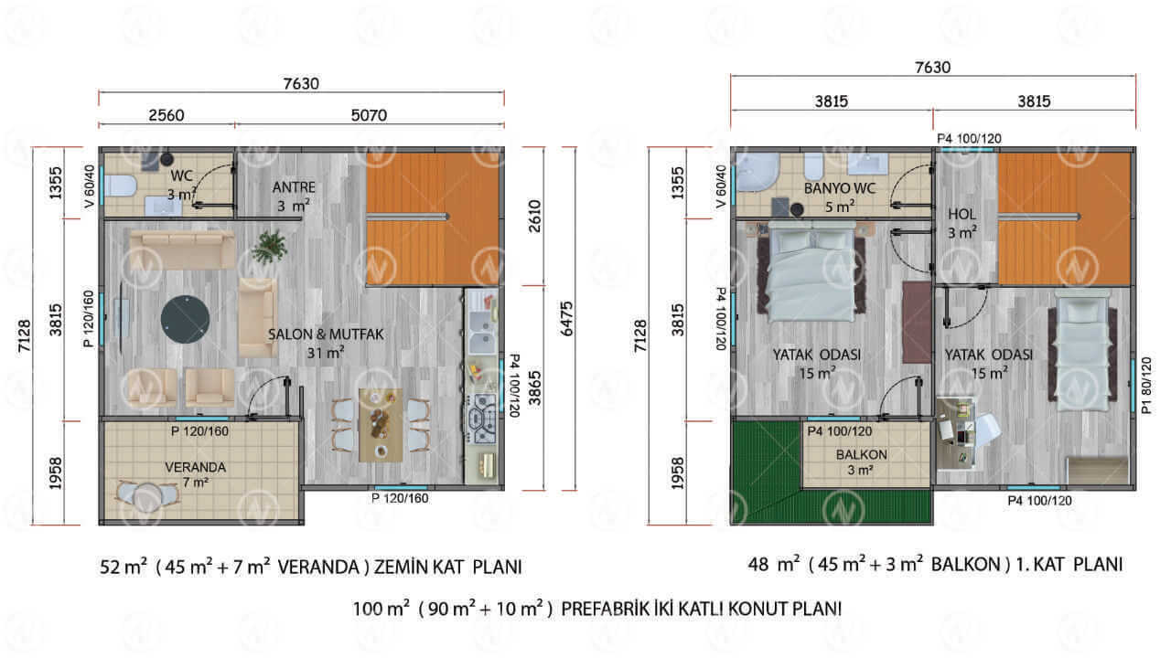 100 m2 iki katlı prefabrik ev plan