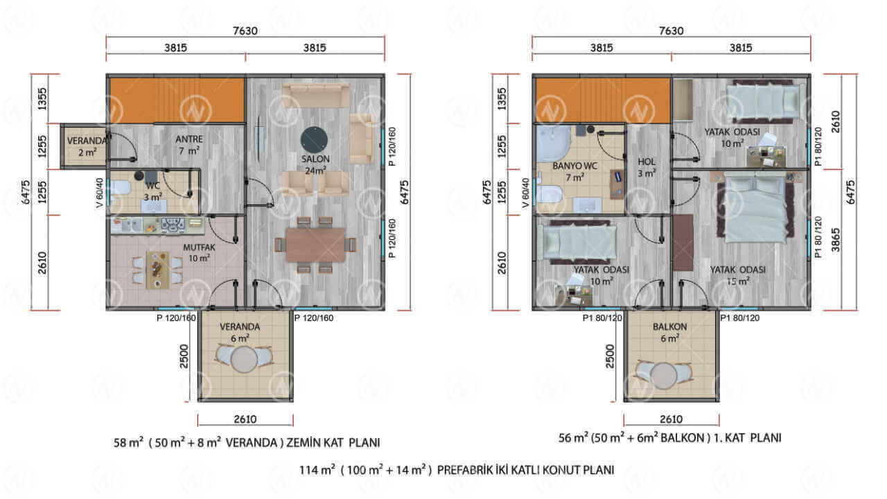 114 m2 iki katlı prefabrik ev plan